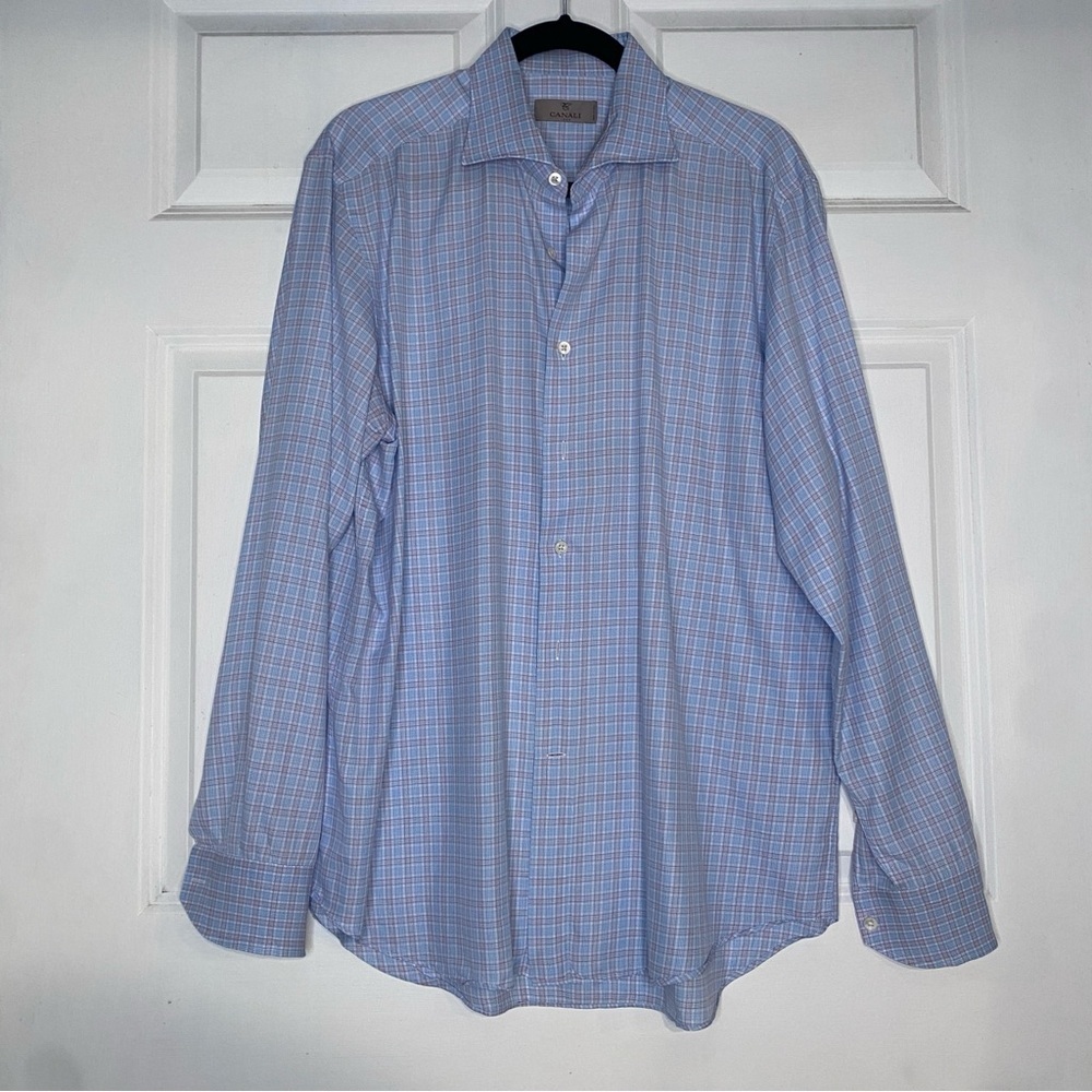 Canali Red White Blue Plaid Button Front Collared Dress Shirt Size 42 16.5